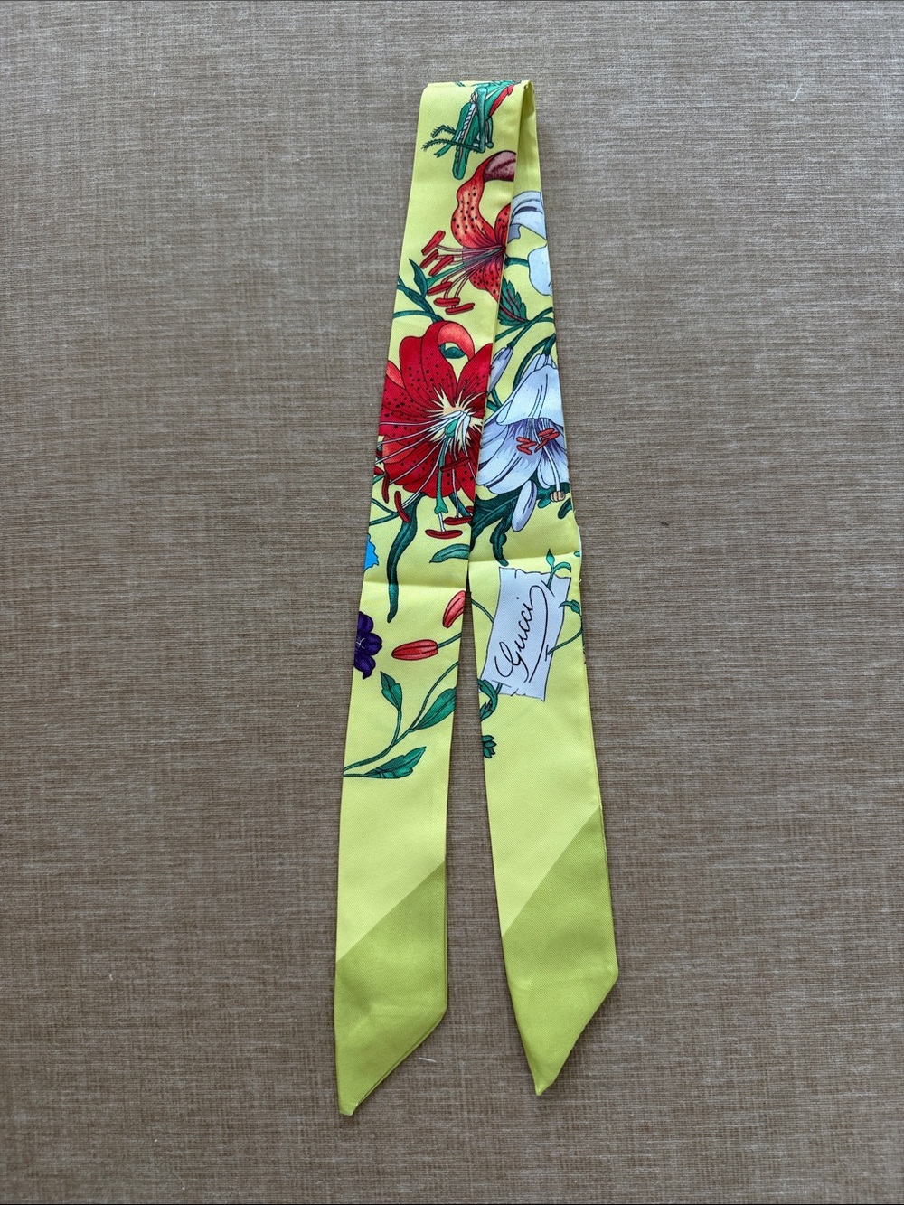 Floral Silk Skinny Scarf - Yellow with Red & White Blooms
